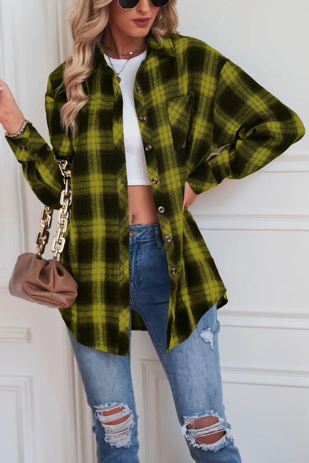 Plaid Button Up Dropped Shoulder Outerwear