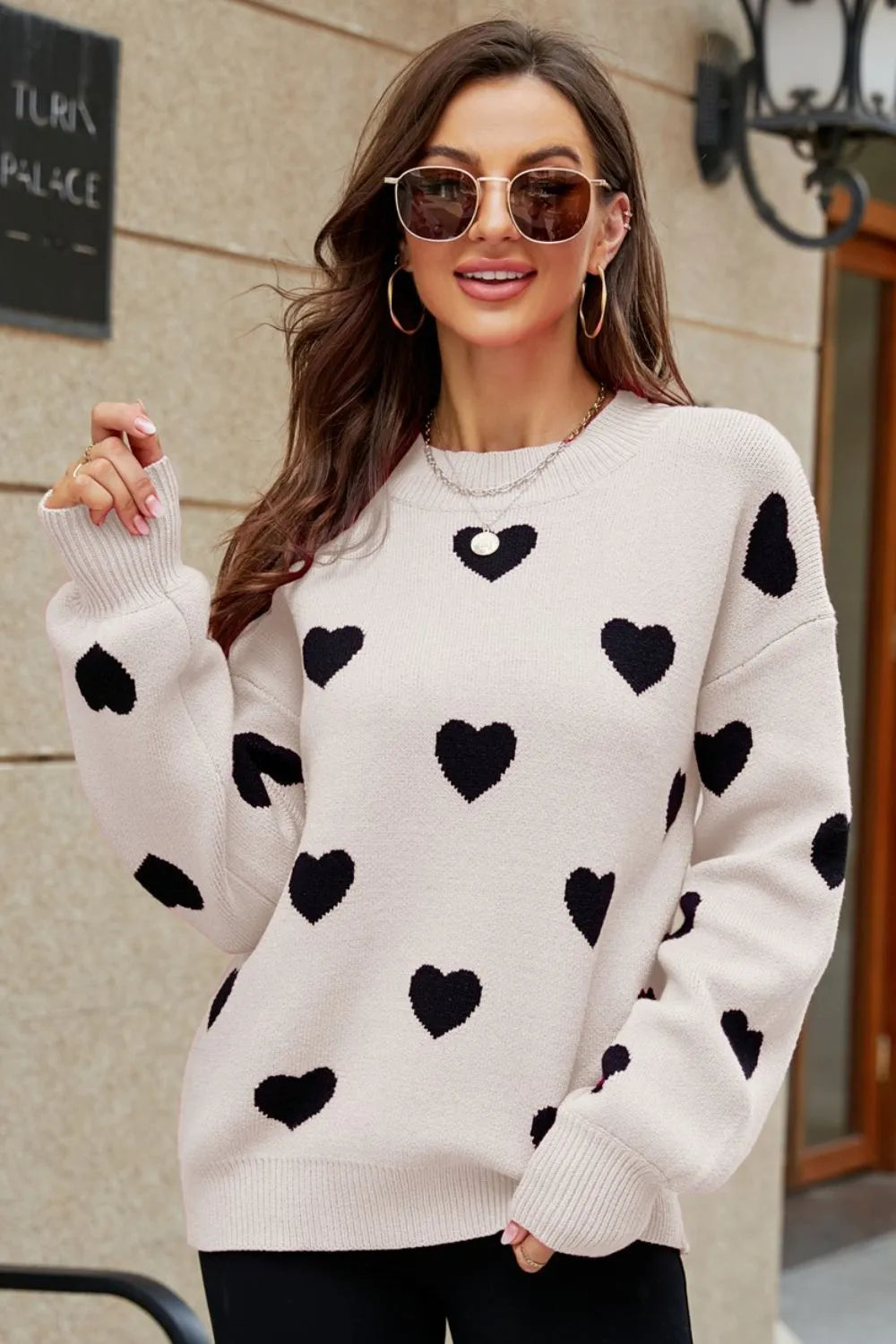 Woven Right Heart Pattern Lantern Sleeve Round Neck Tunic Sweater