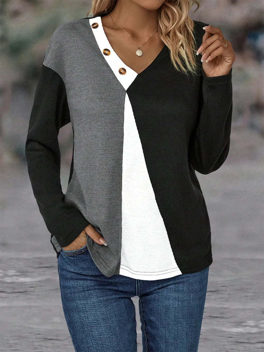 Color Block Decorative Button V-Neck Top