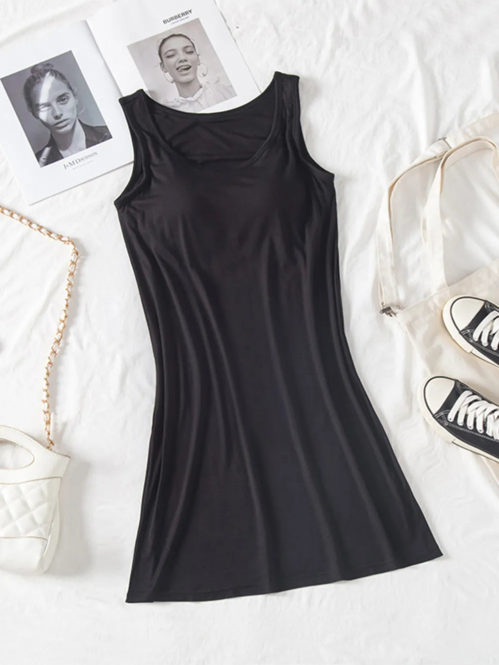 Round Neck Wide Strap Mini Tank Dress with Bra