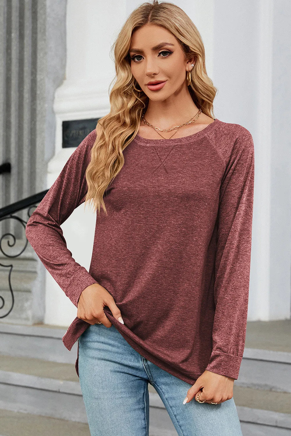 Heathered Round Neck Long Sleeve T-Shirt