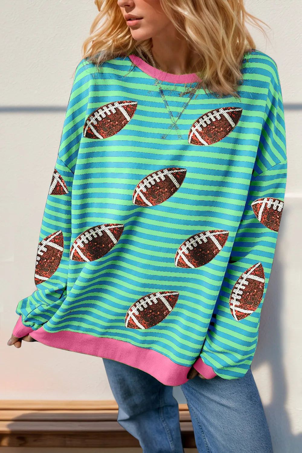 Double Take Full Size Football Sequin Striped T-Shirt