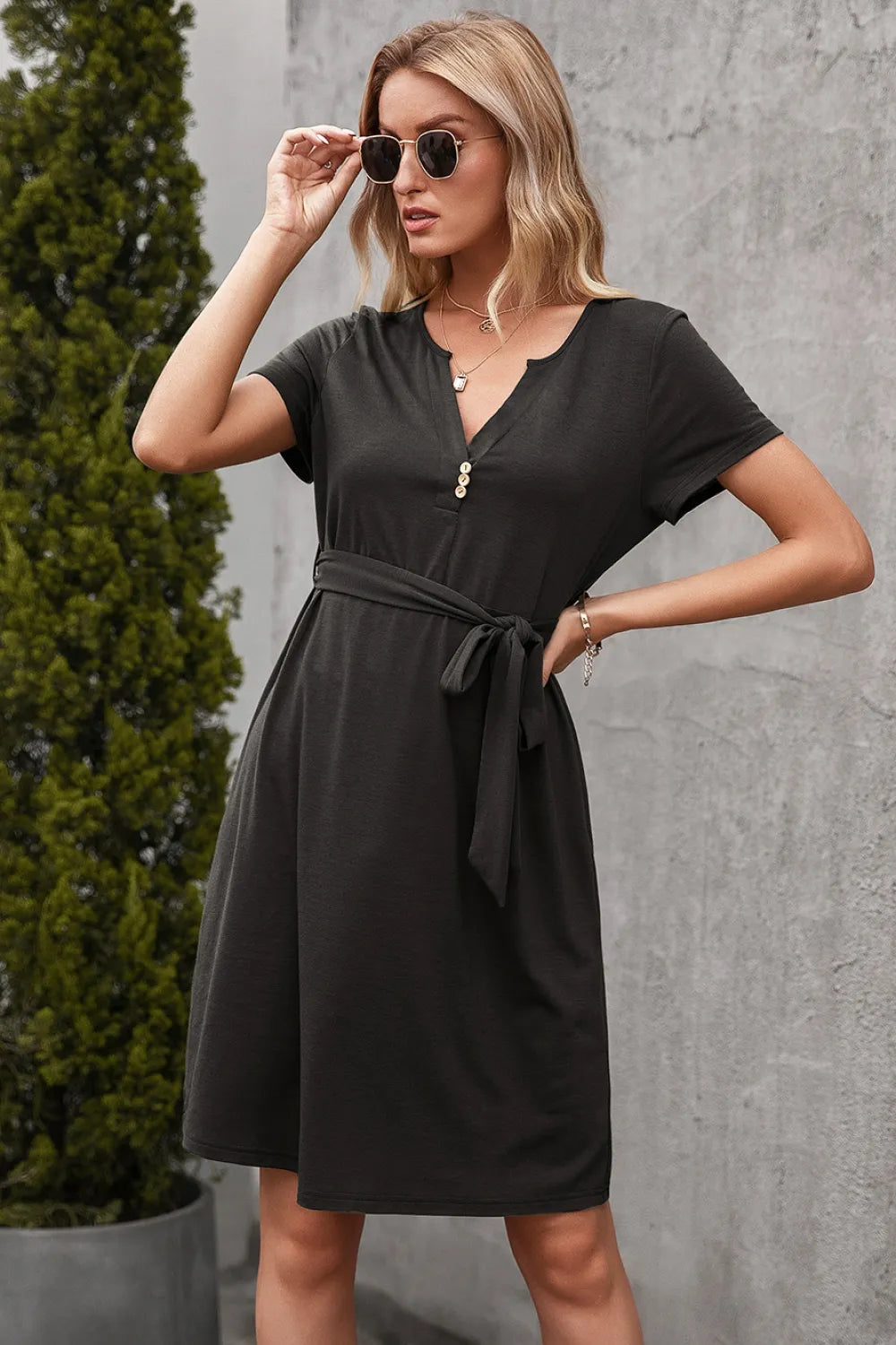 Solid Notched Neck Belted Dress