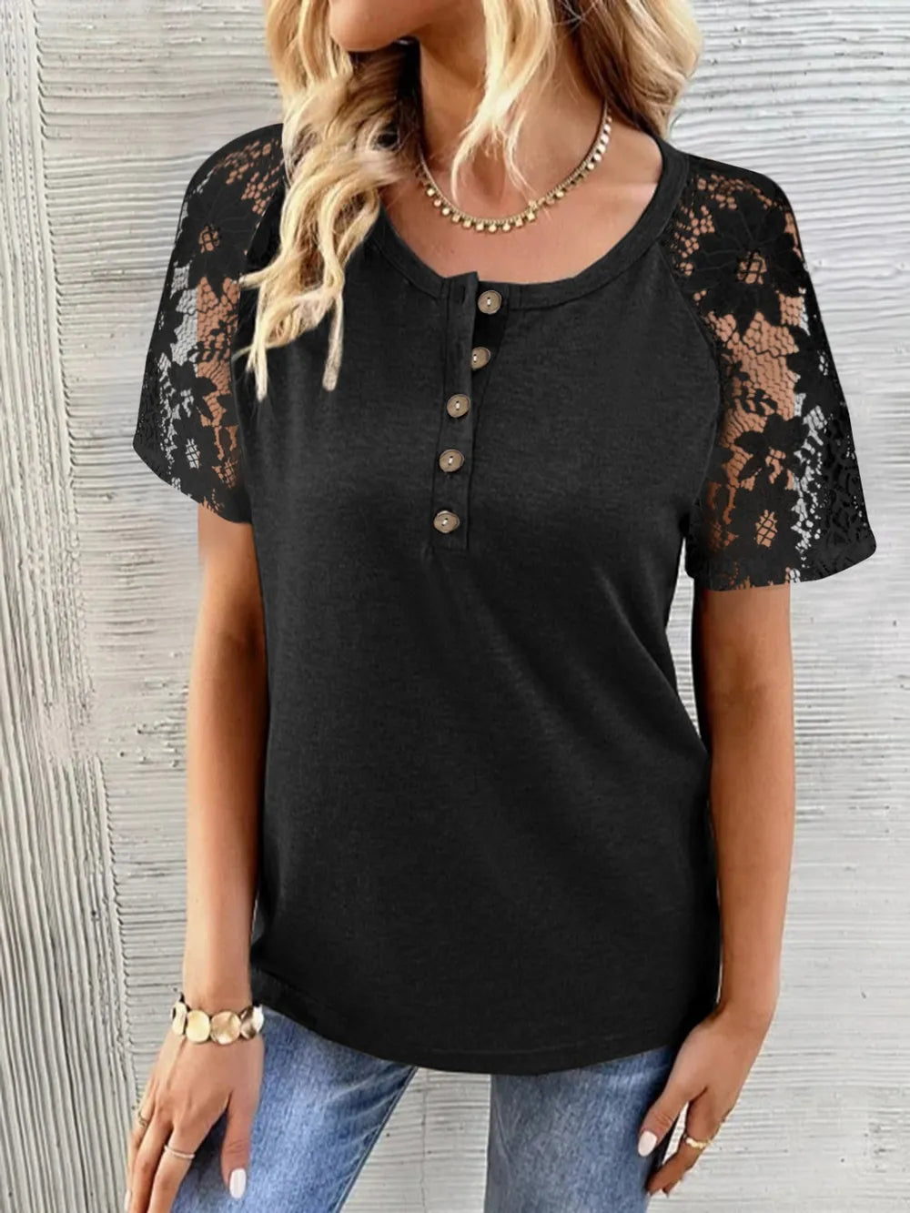 Lace Detail Half Button Short Sleeve T-Shirt