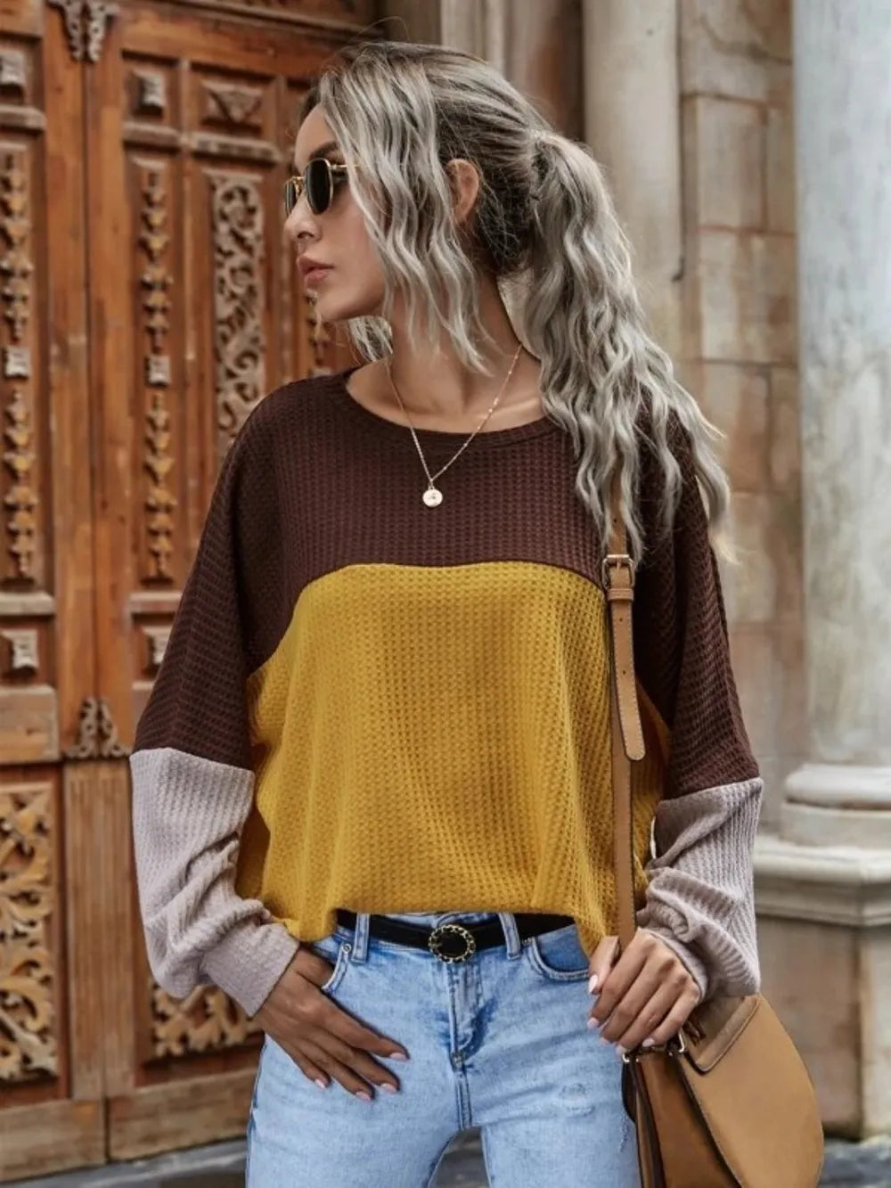 Color Block Waffle-Knit Long Sleeve Top