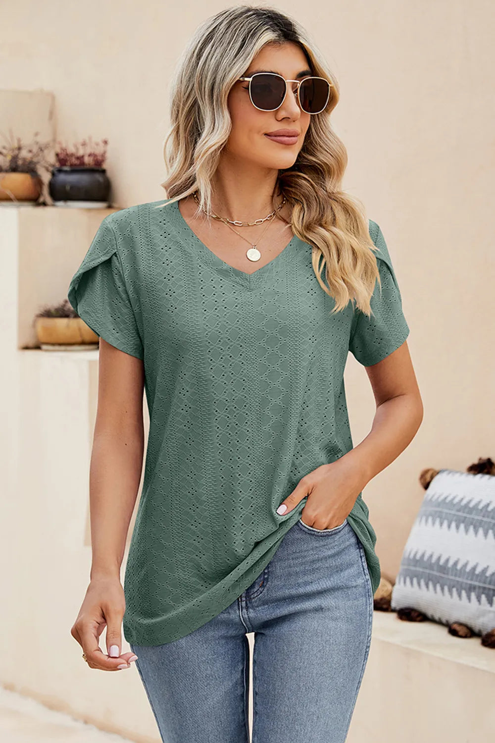 Eyelet V-Neck Petal Sleeve T-Shirt