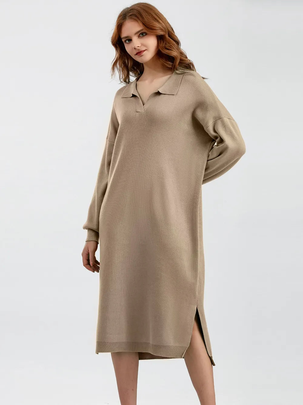 Johnny Collar Long Sleeve Slit Sweater Dress