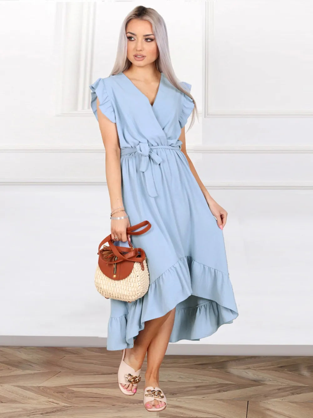 Tied Surplice Ruffle Hem Dress