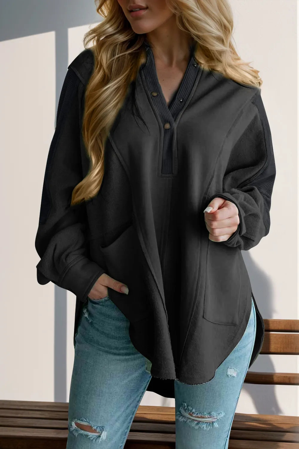 Double Take Full Size Half Snap Long Sleeve High-Low Hooded Top