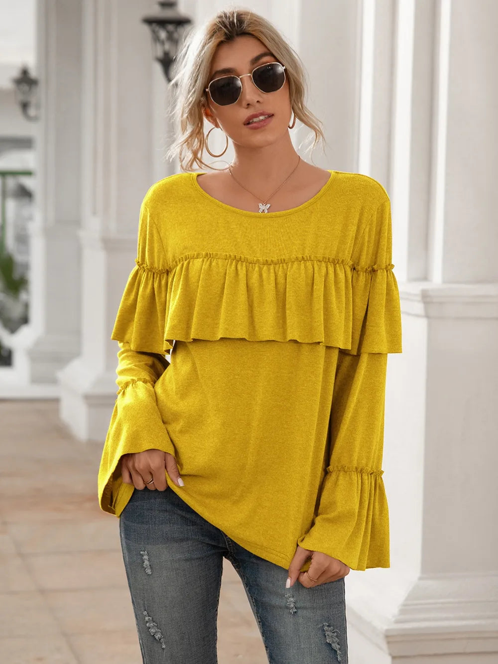 Round Neck Flare Sleeve Top