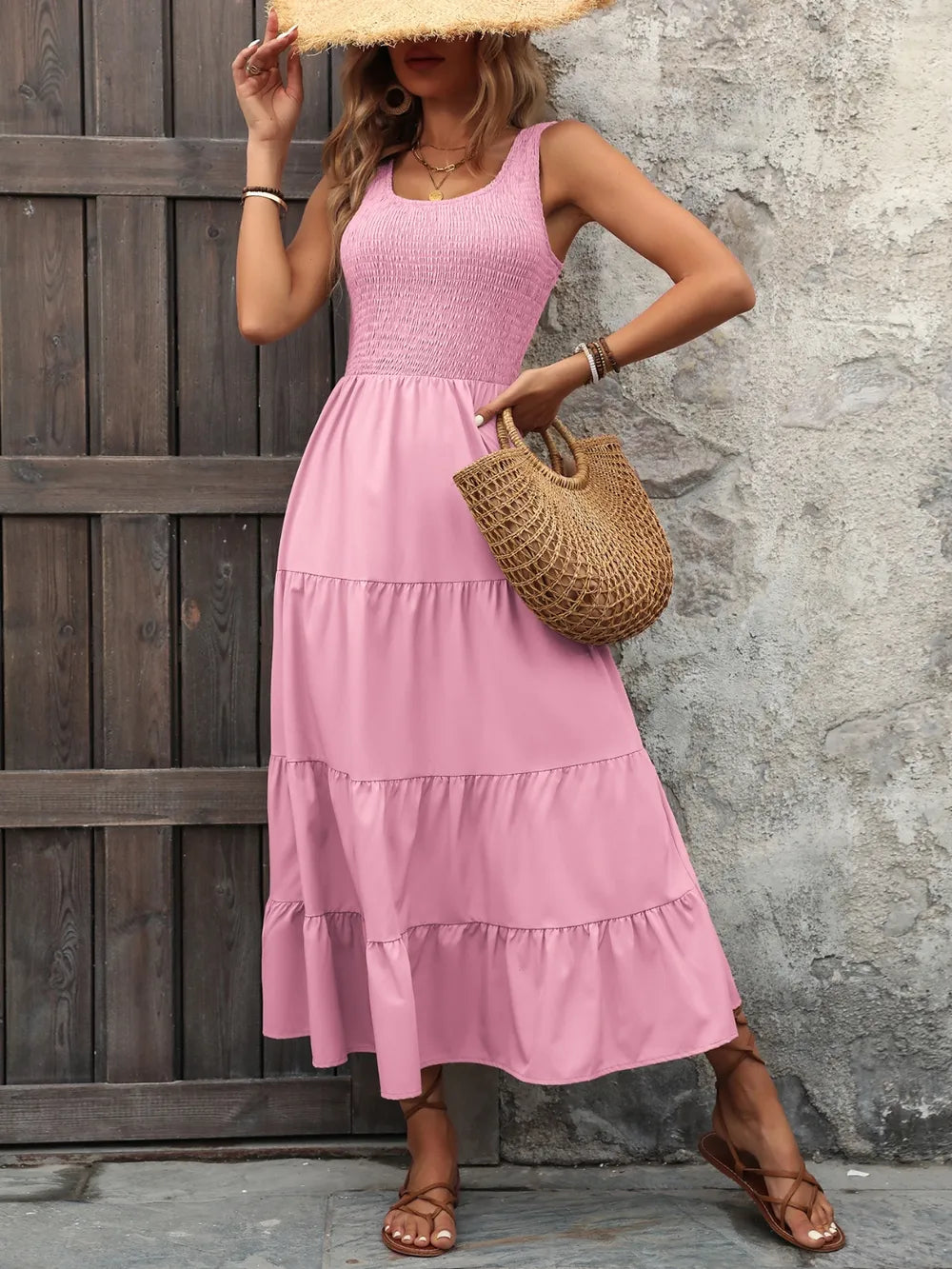 Smocked Scoop Neck Sleeveless Tank Dress