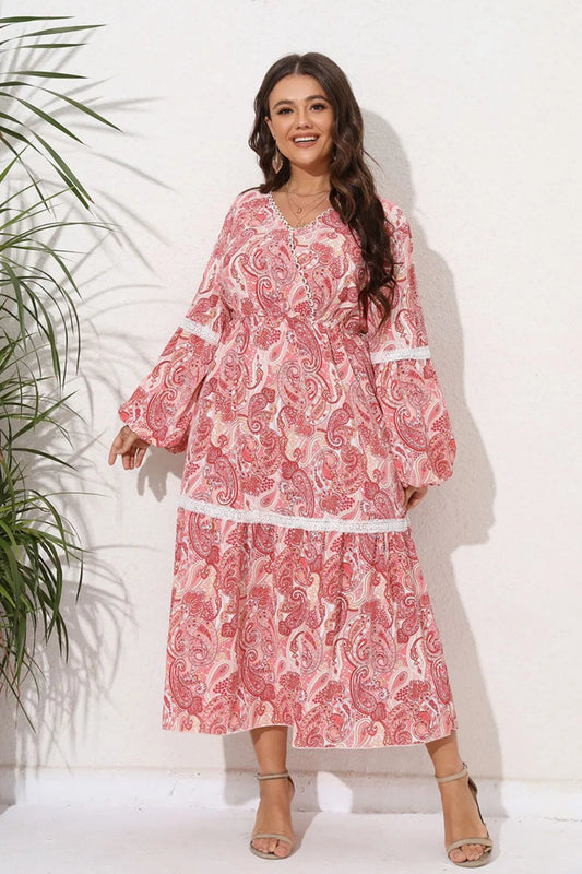 Plus Size Spliced Lace Surplice Balloon Sleeve Maxi Dress