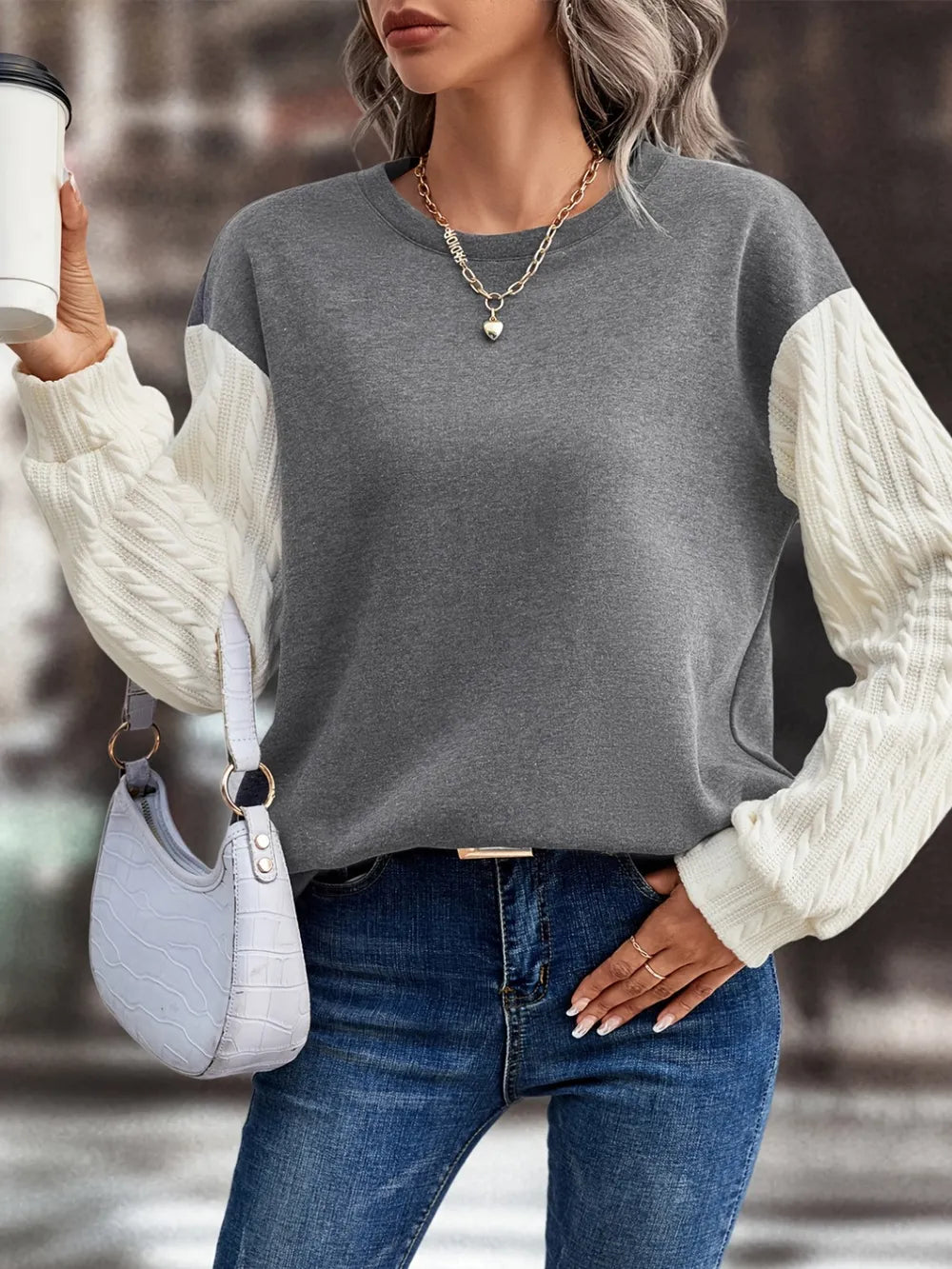 Contrast Round Neck Long Sleeve Sweatshirt