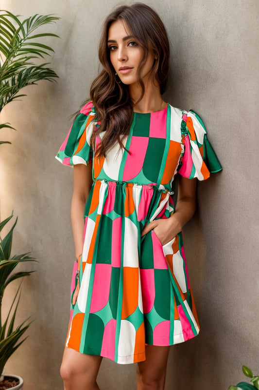 Color Block Round Neck Short Sleeve Dress