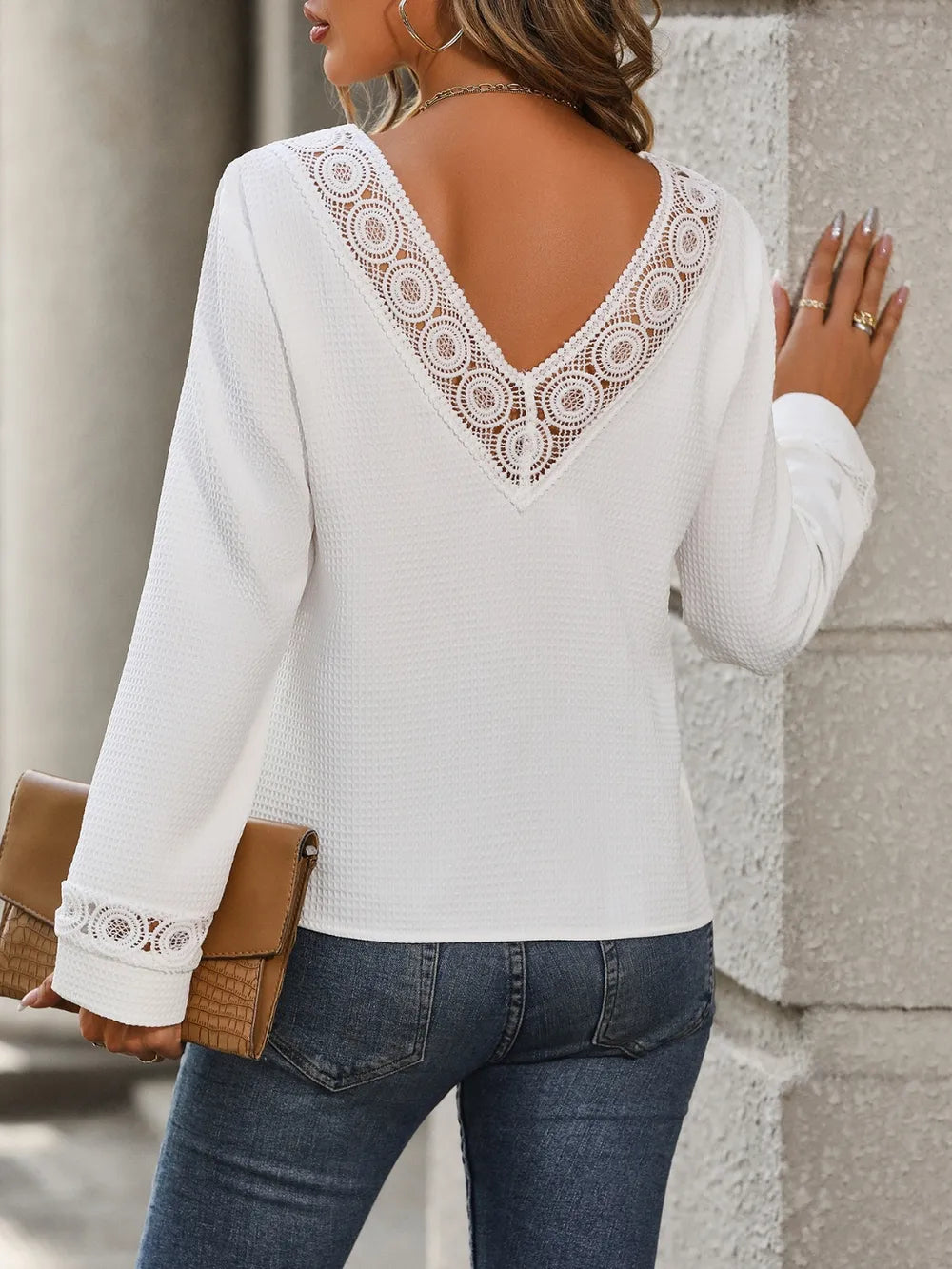 Lace Detail V-Neck Long Sleeve Blouse