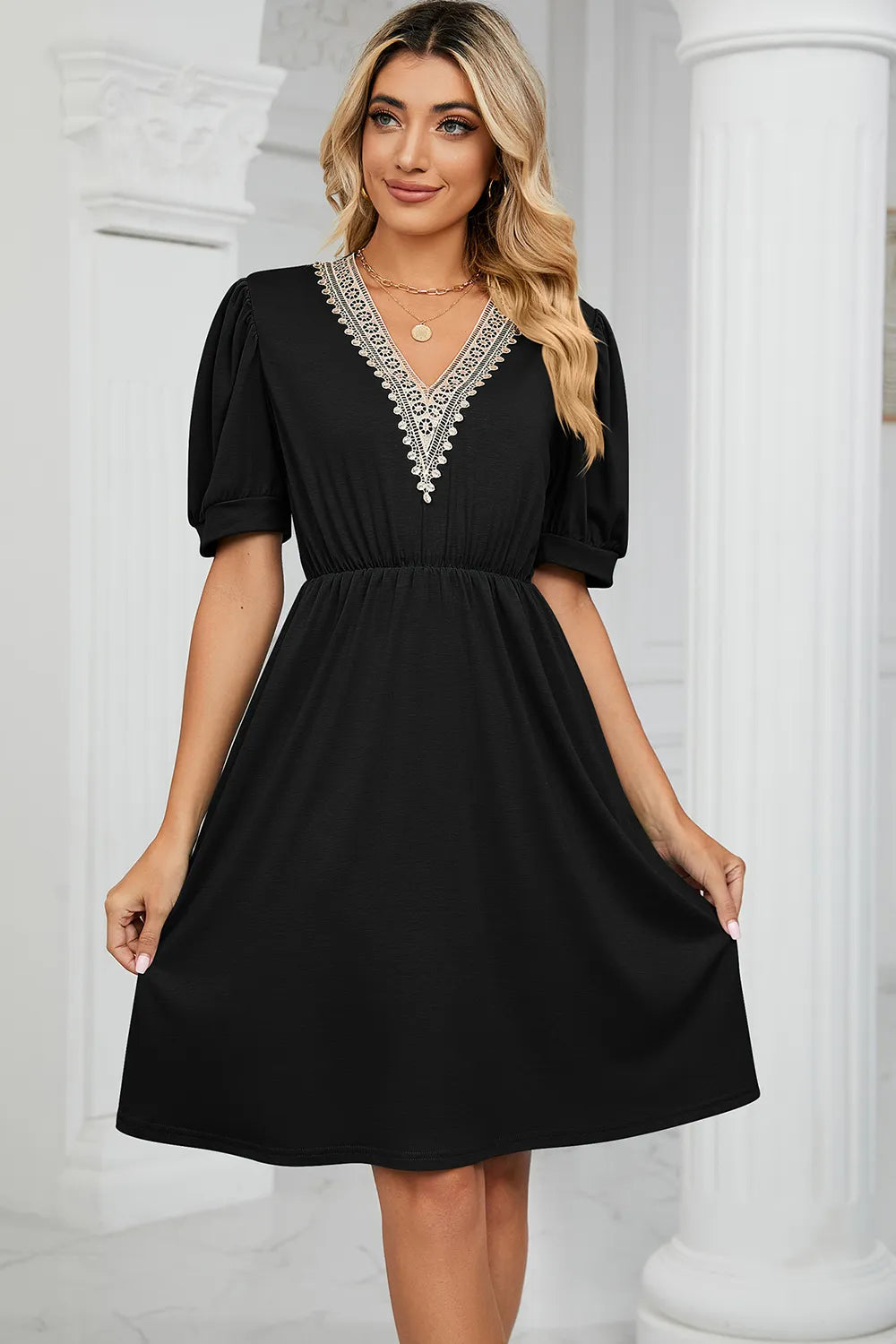 V-Neck Puff Sleeve Dress