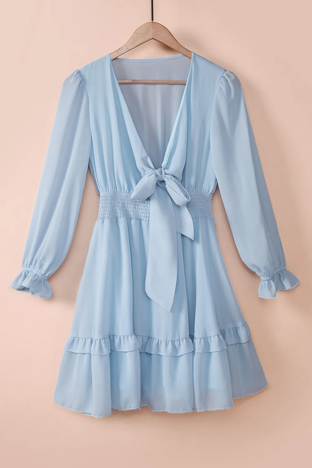 Tied Plunge Smocked Waist Flounce Sleeve Dress