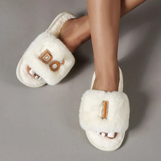 Faux Fur Open Toe Slippers