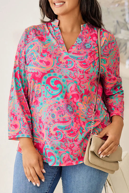 Plus Size Printed Notched Long Sleeve Blouse