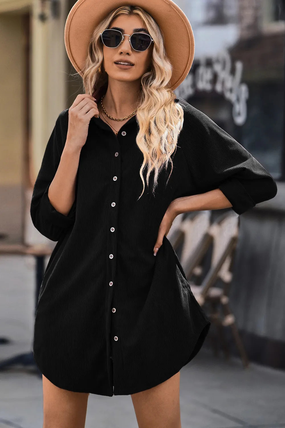 Button Front Curved Hem Raglan Sleeve Shirt Dress