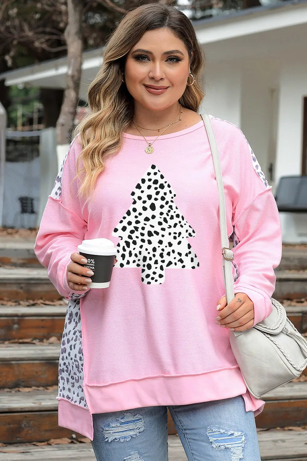 Plus Size Animal Print Exposed Seam Long Sleeve Sweatshirt