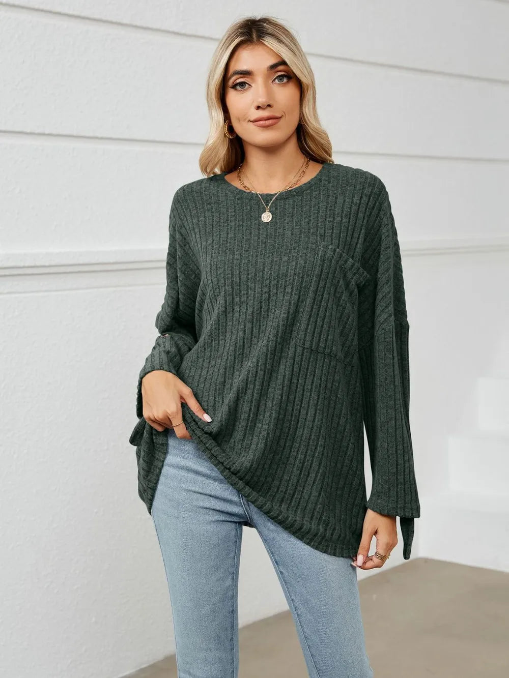 Round Neck Ribbed Long Sleeve T-Shirt