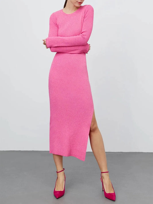 Round Neck Slit Sweater Dress