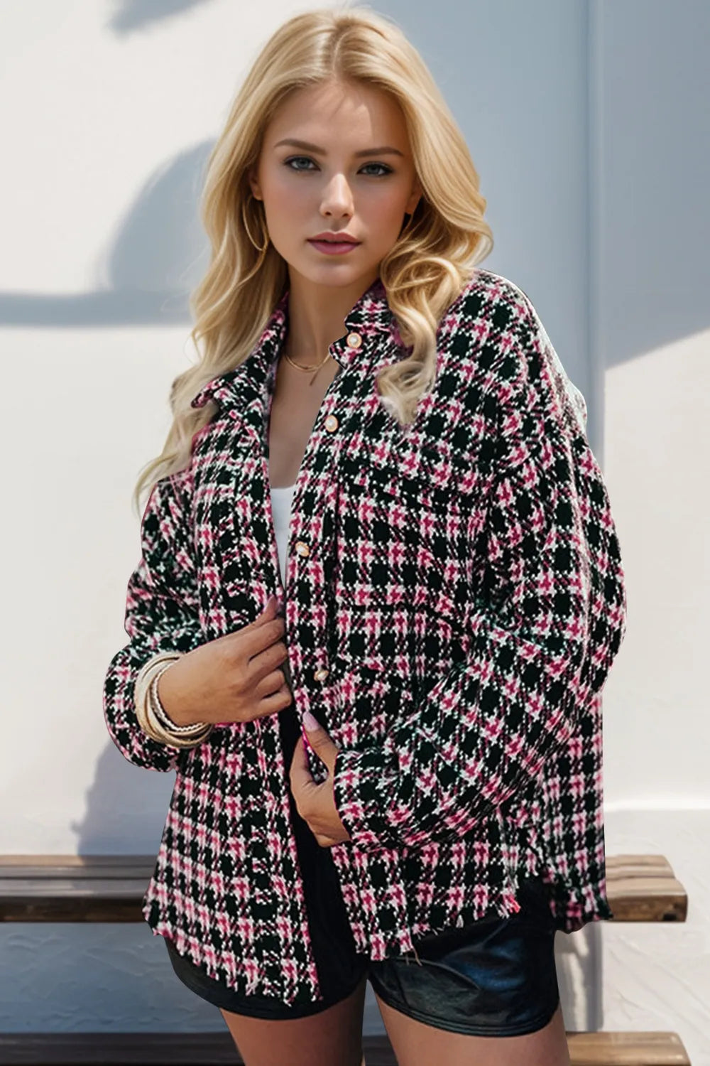 Double Take Full Size Button Up Houndstooth Shacket