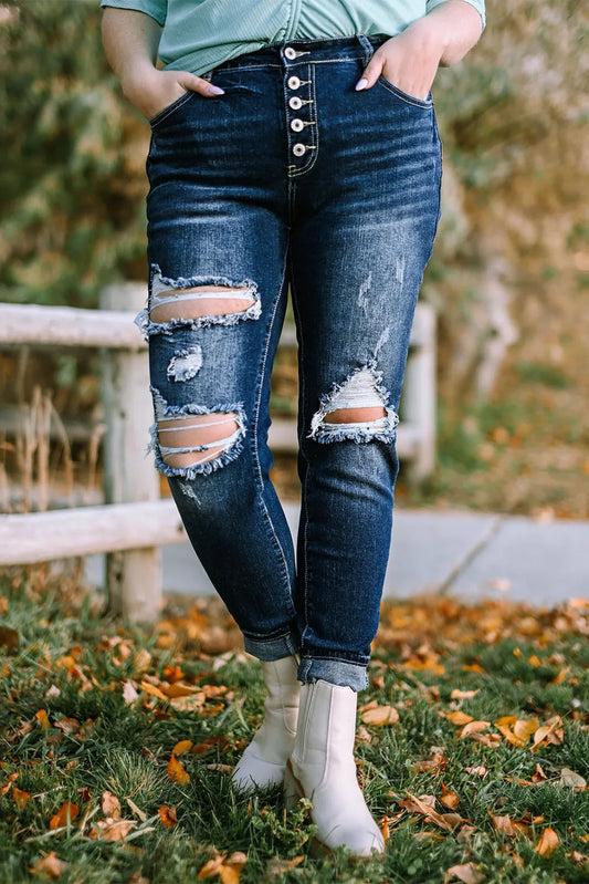 Plus Size Button Fly Distressed Jeans