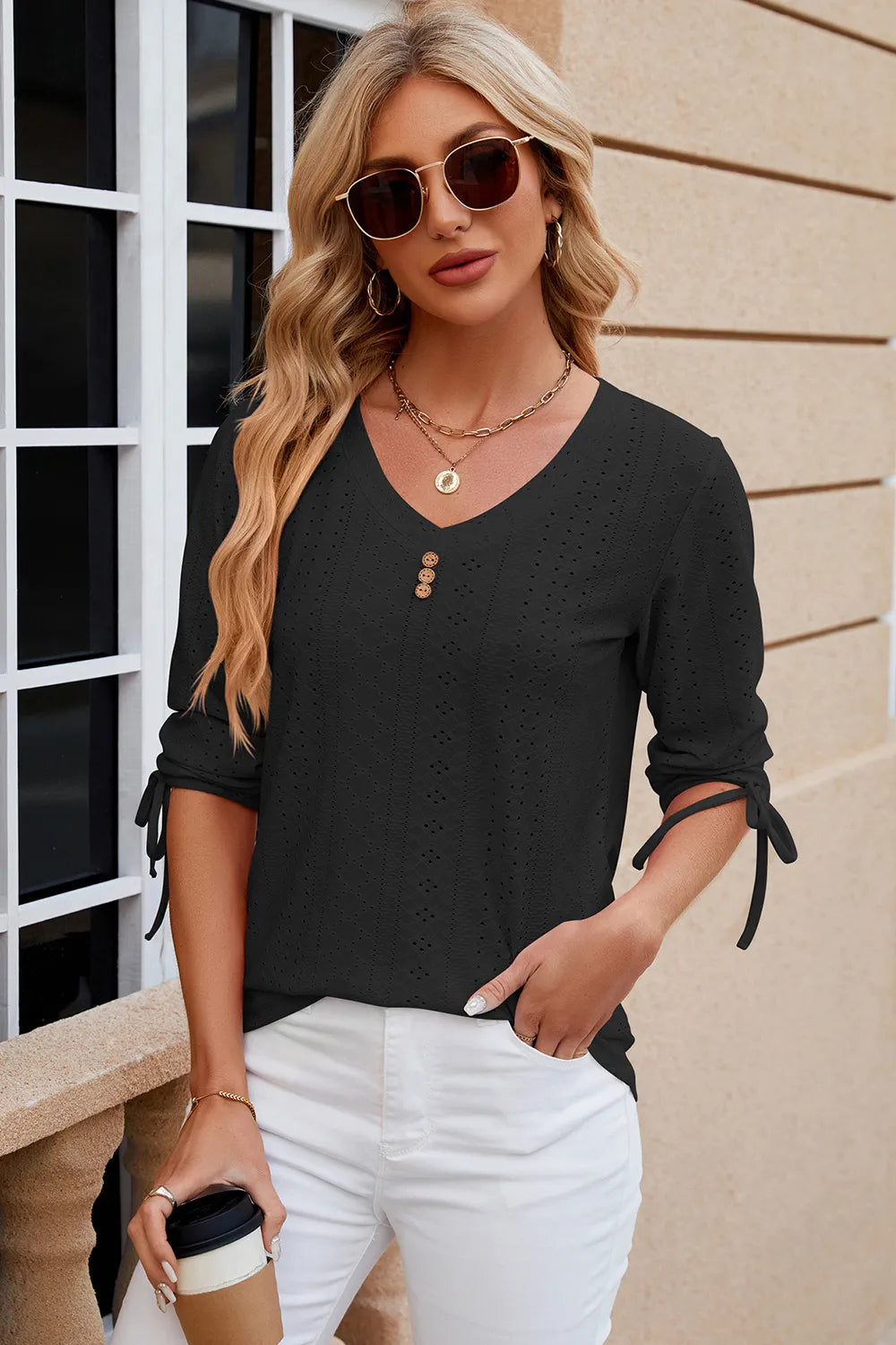 Eyelet Drawstring V-Neck Half Sleeve T-Shirt