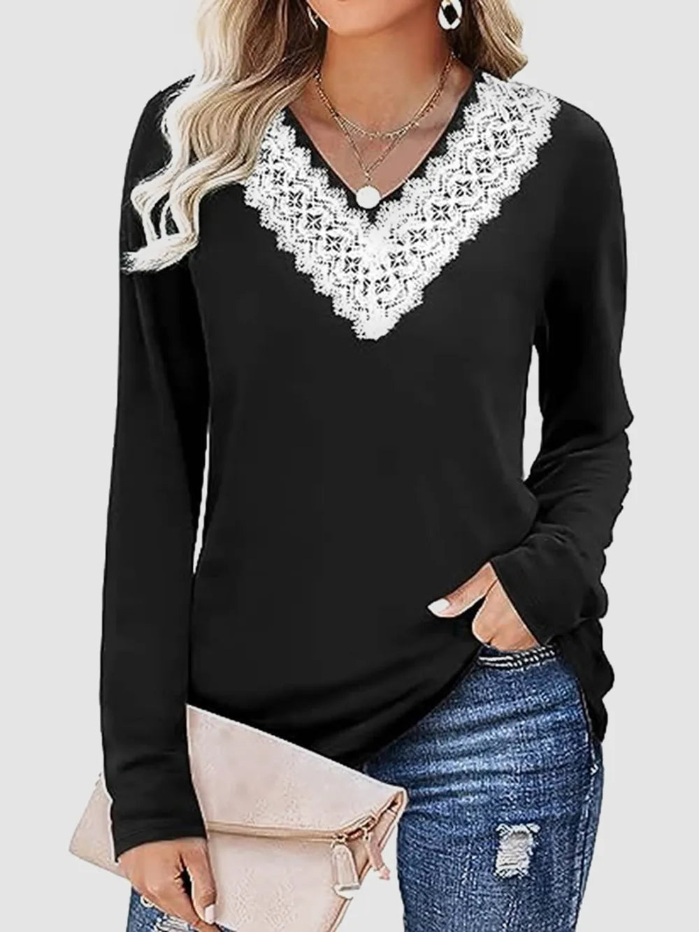 Lace Detail V-Neck Long Sleeve Top