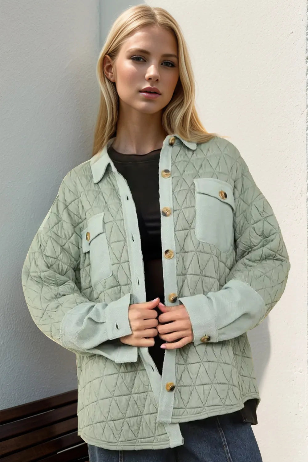 Double Take Full Size Button Up Quilted Shacket