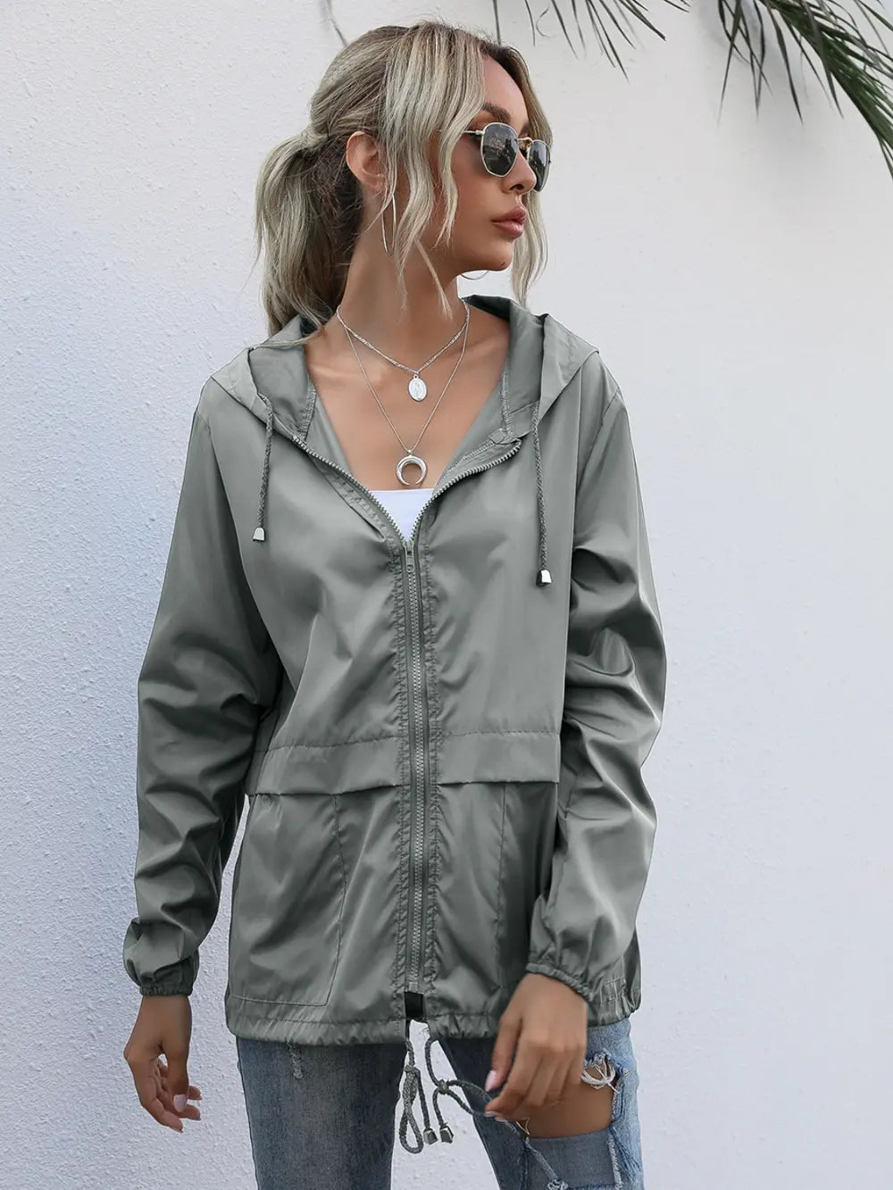 Drawstring Zip-Up Hooded Jacket