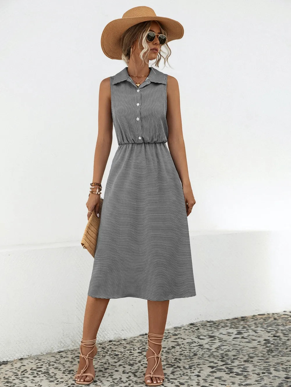 Striped Collared Neck Sleeveless Midi Dress