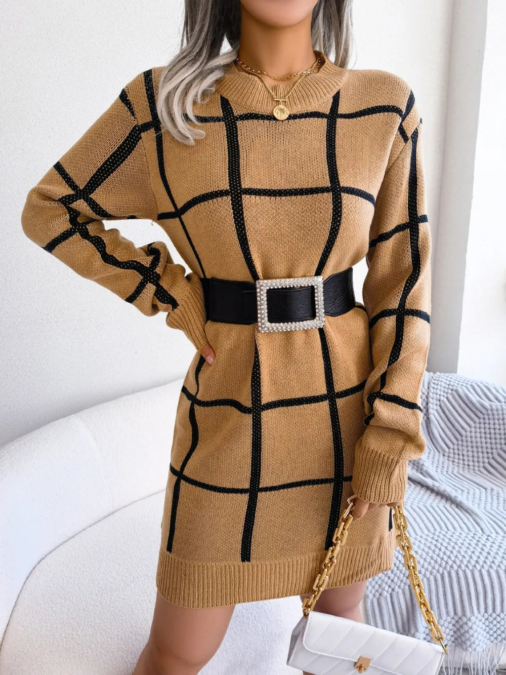 Plaid Round Neck Dropped Shoulder Sweater Dress