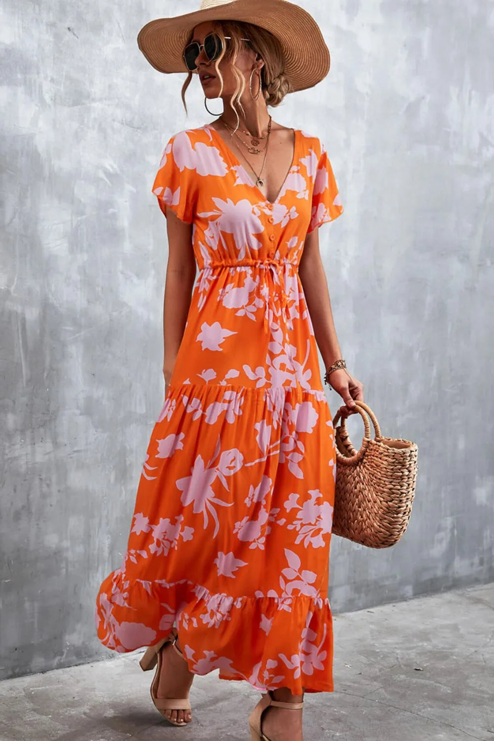 Floral Buttoned Drawstring Waist Tiered Dress