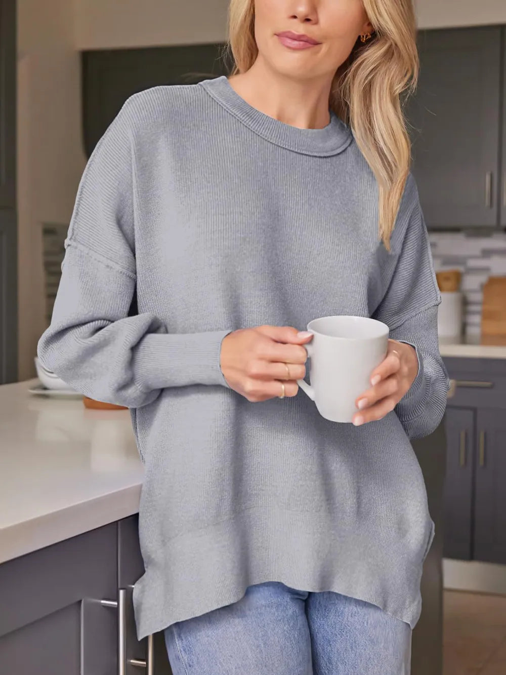 Slit Round Neck Dropped Shoulder Sweater