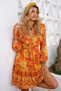 Floral Drawstring Waist Puff Sleeve Dress