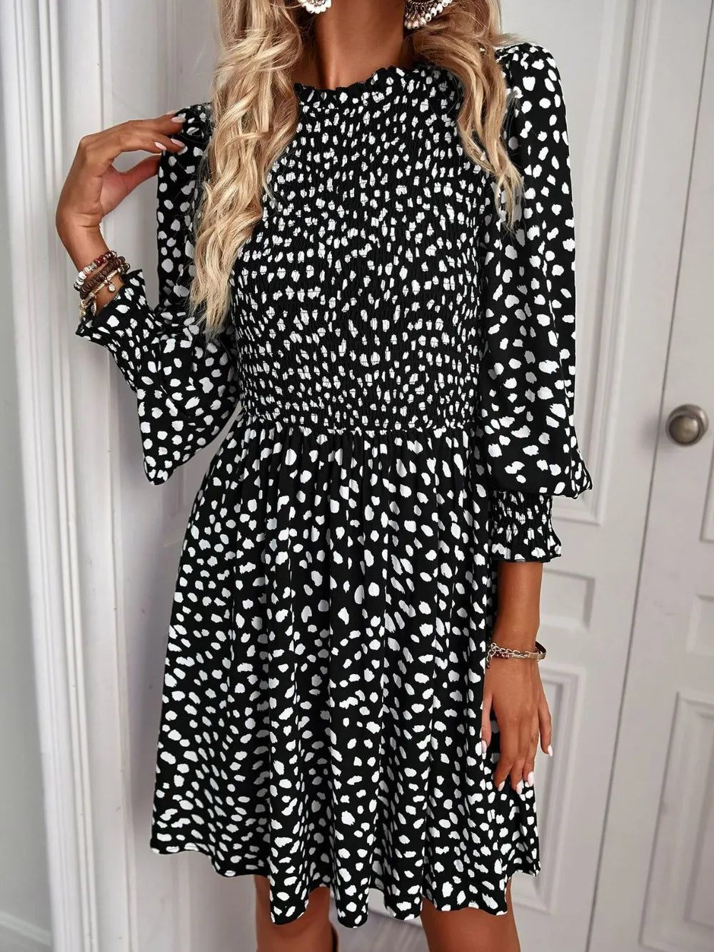 Printed Puff Sleeve Smocked Dress