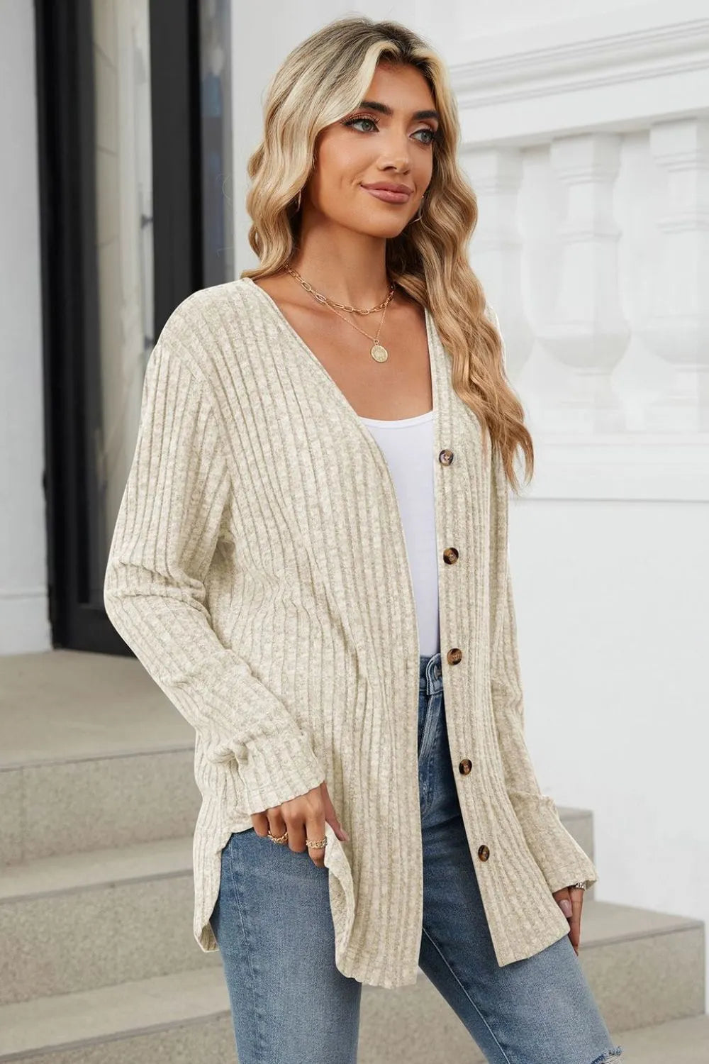 Ribbed Button Up Long Sleeve Cardigan