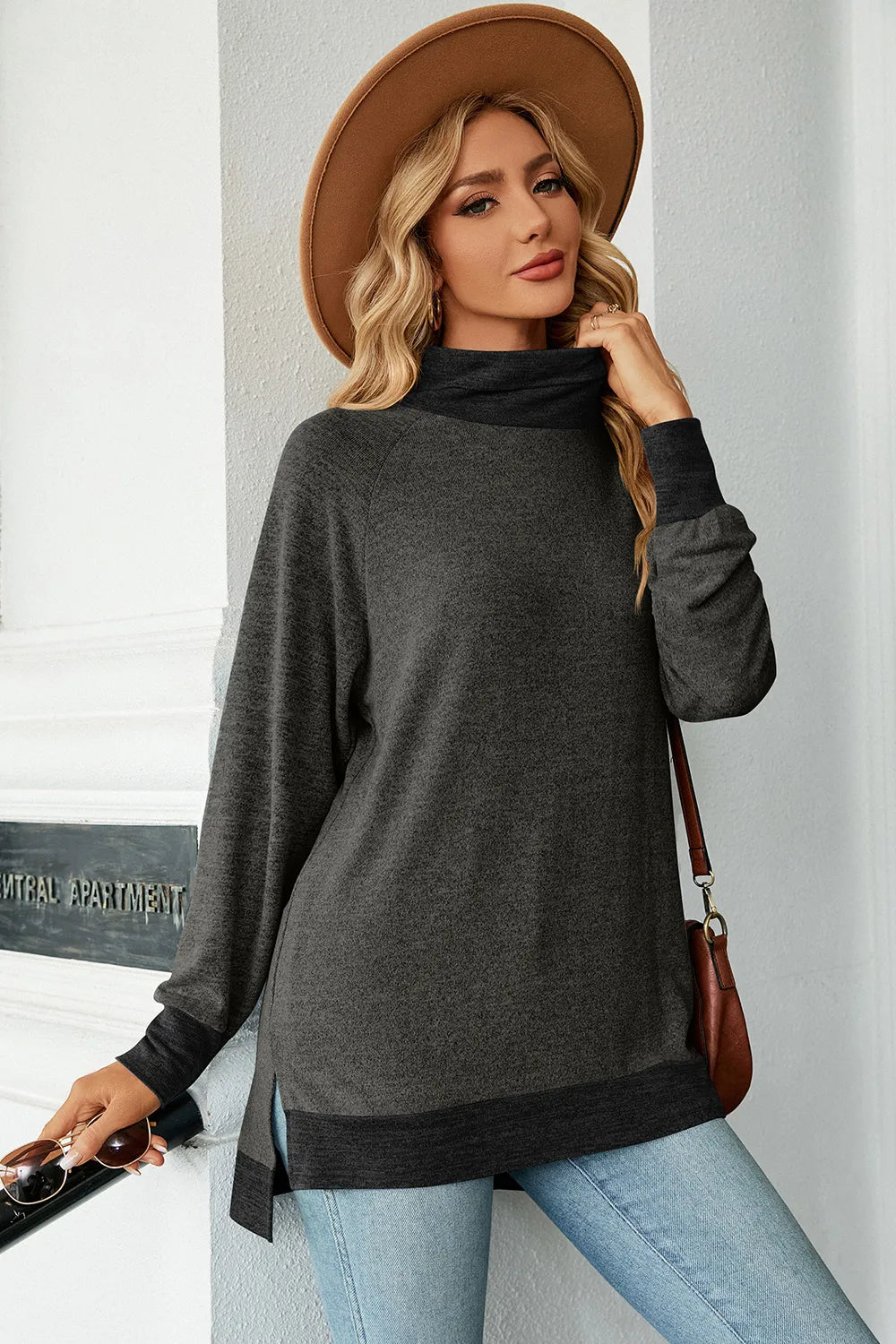 Slit Mock Neck Long Sleeve T-Shirt