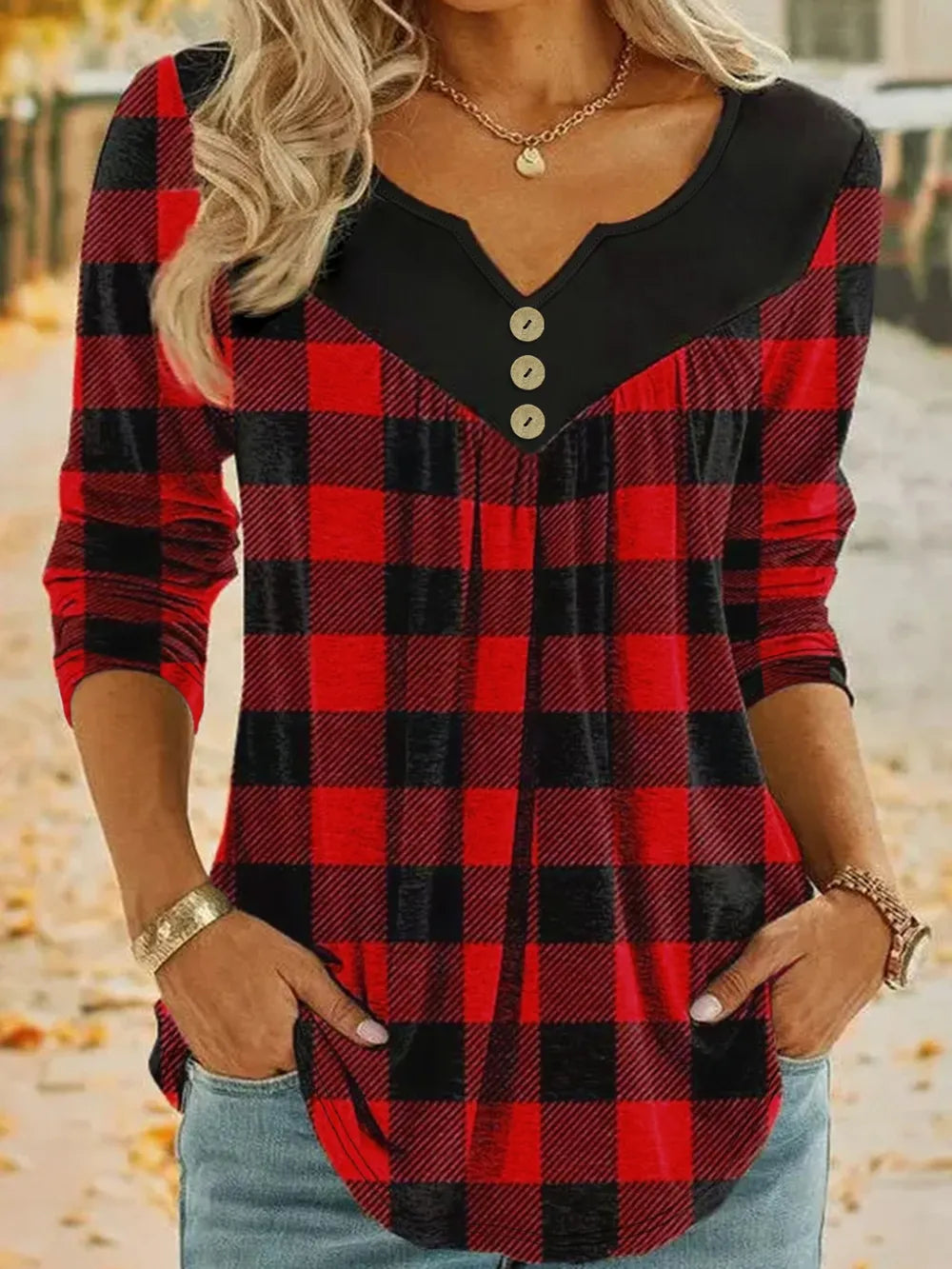 Plus Size Plaid Notched Buttoned Long Sleeve T-Shirt