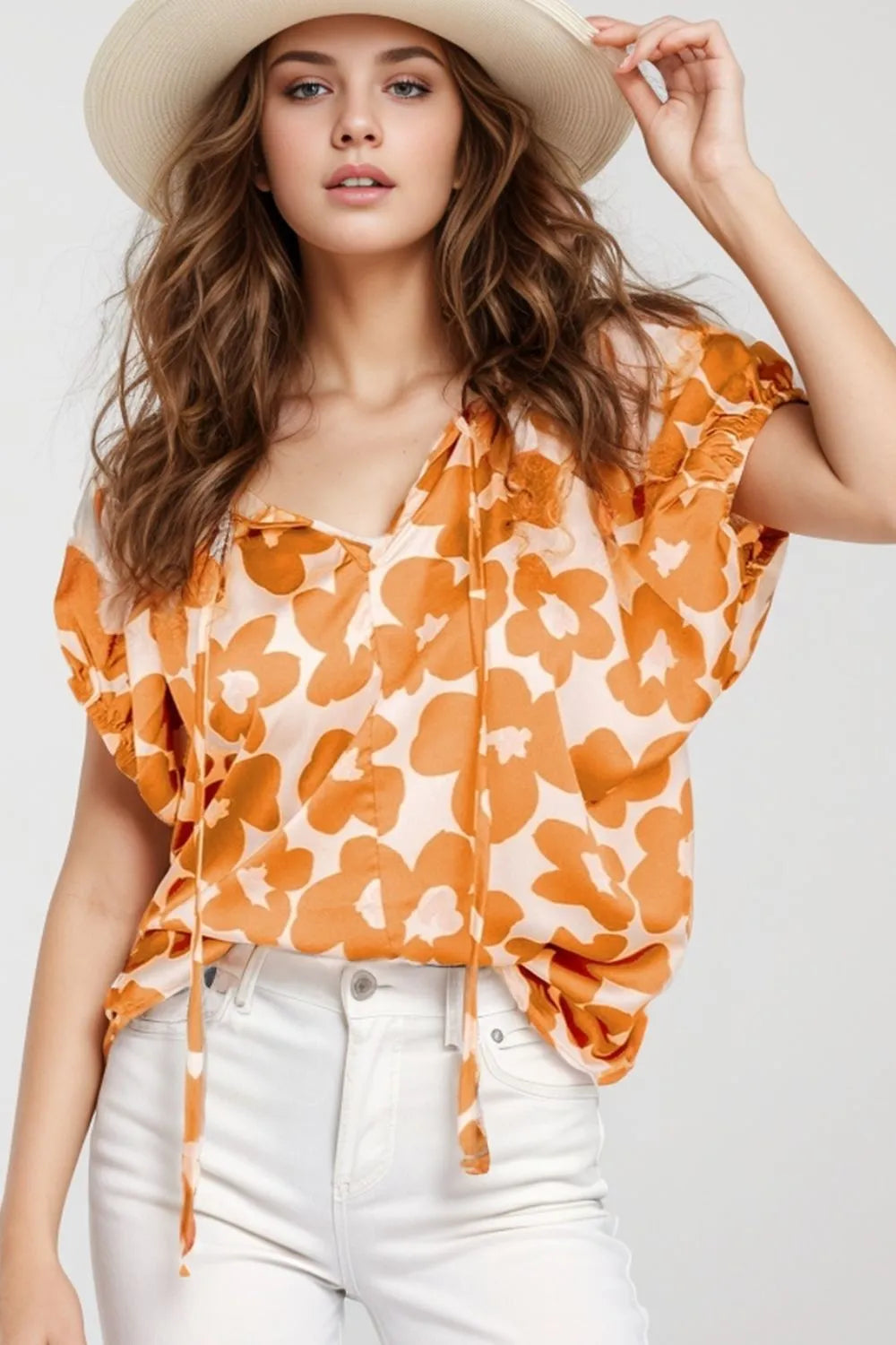 Printed Tie Neck Short Sleeve Blouse