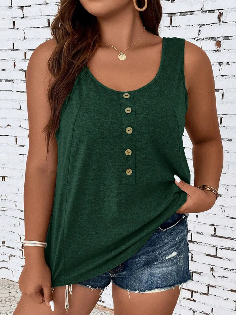 Plus Size Decorative Button Round Neck Tank