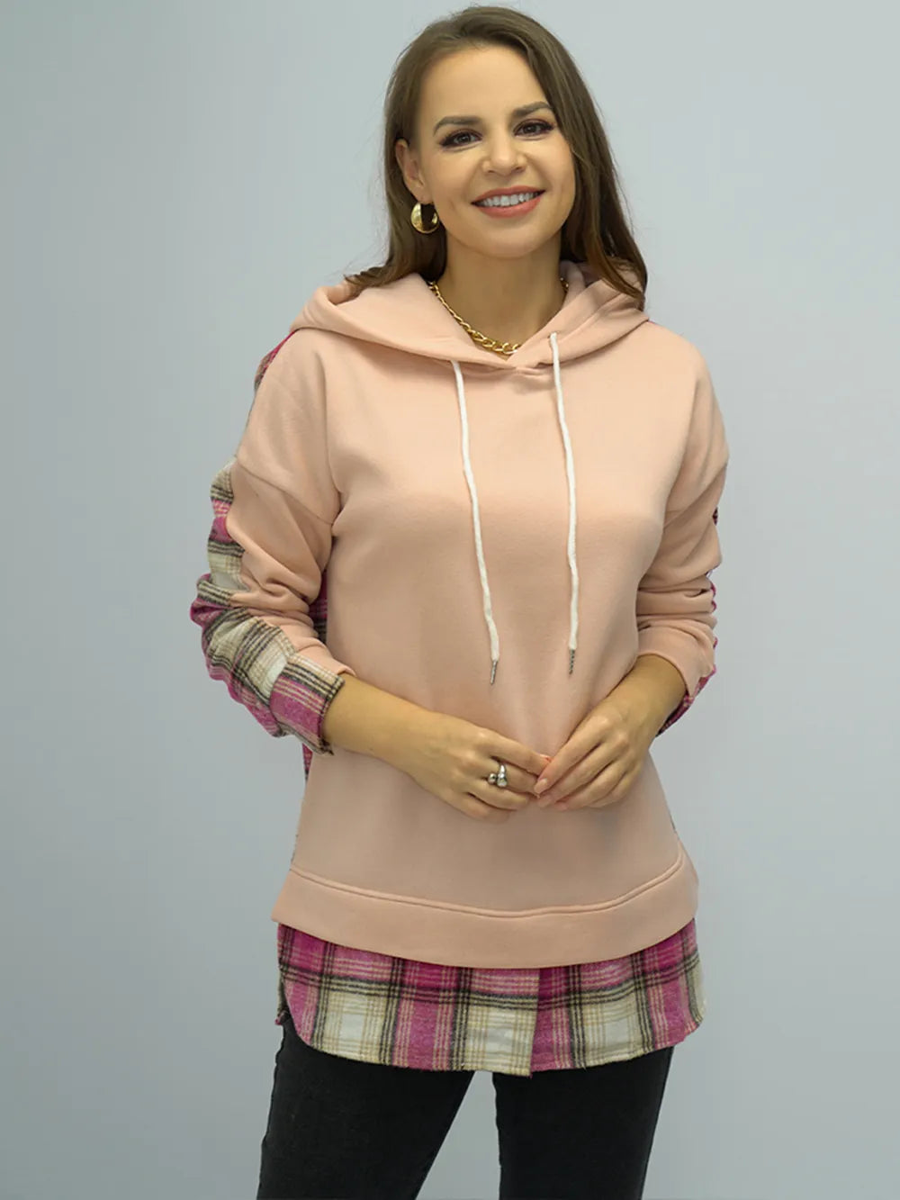 Plaid Drawstring Drop Shoulder Slit Hoodie