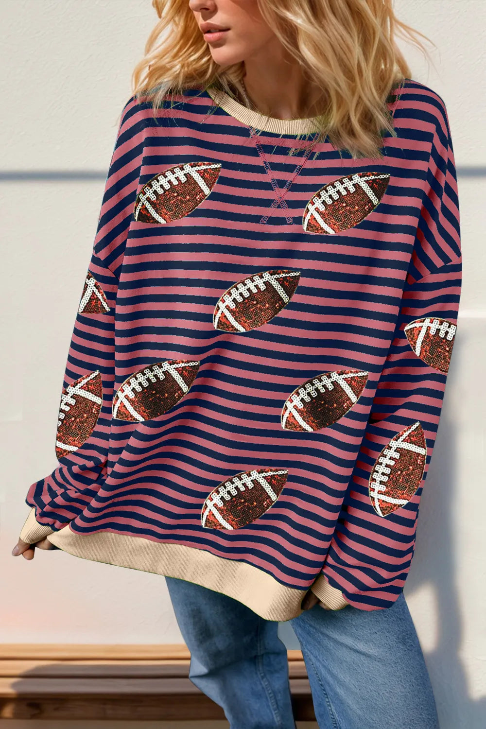 Double Take Full Size Football Sequin Striped T-Shirt