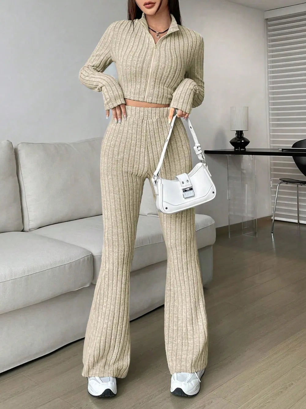 Zip Up Long Sleeve Top and Pants Set