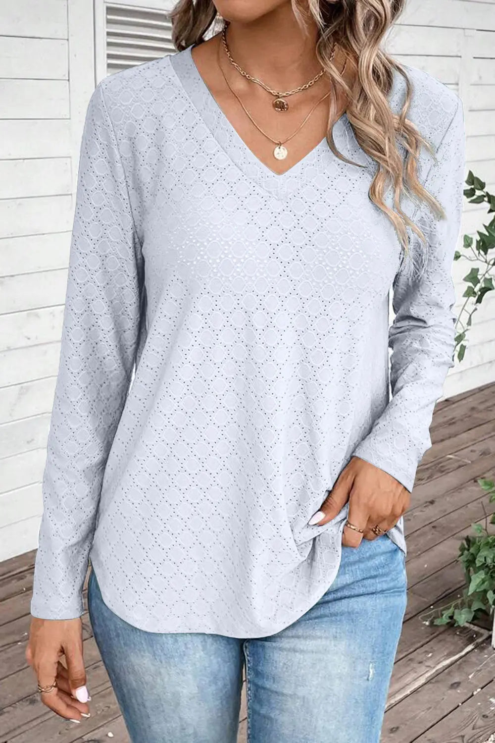 Eyelet V-Neck Long Sleeve T-Shirt