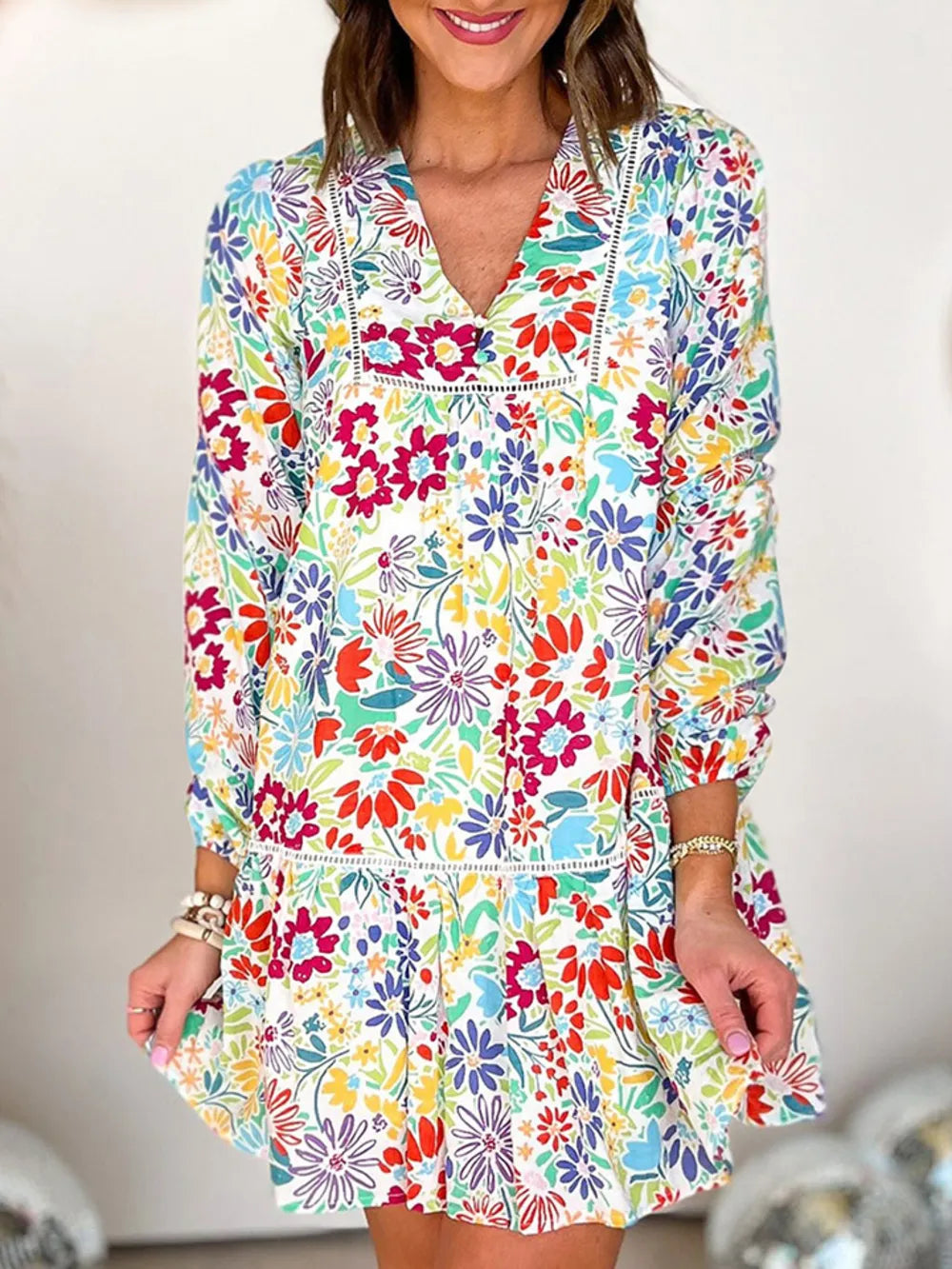 V-Neck Floral Print Long Sleeve Mini Dress