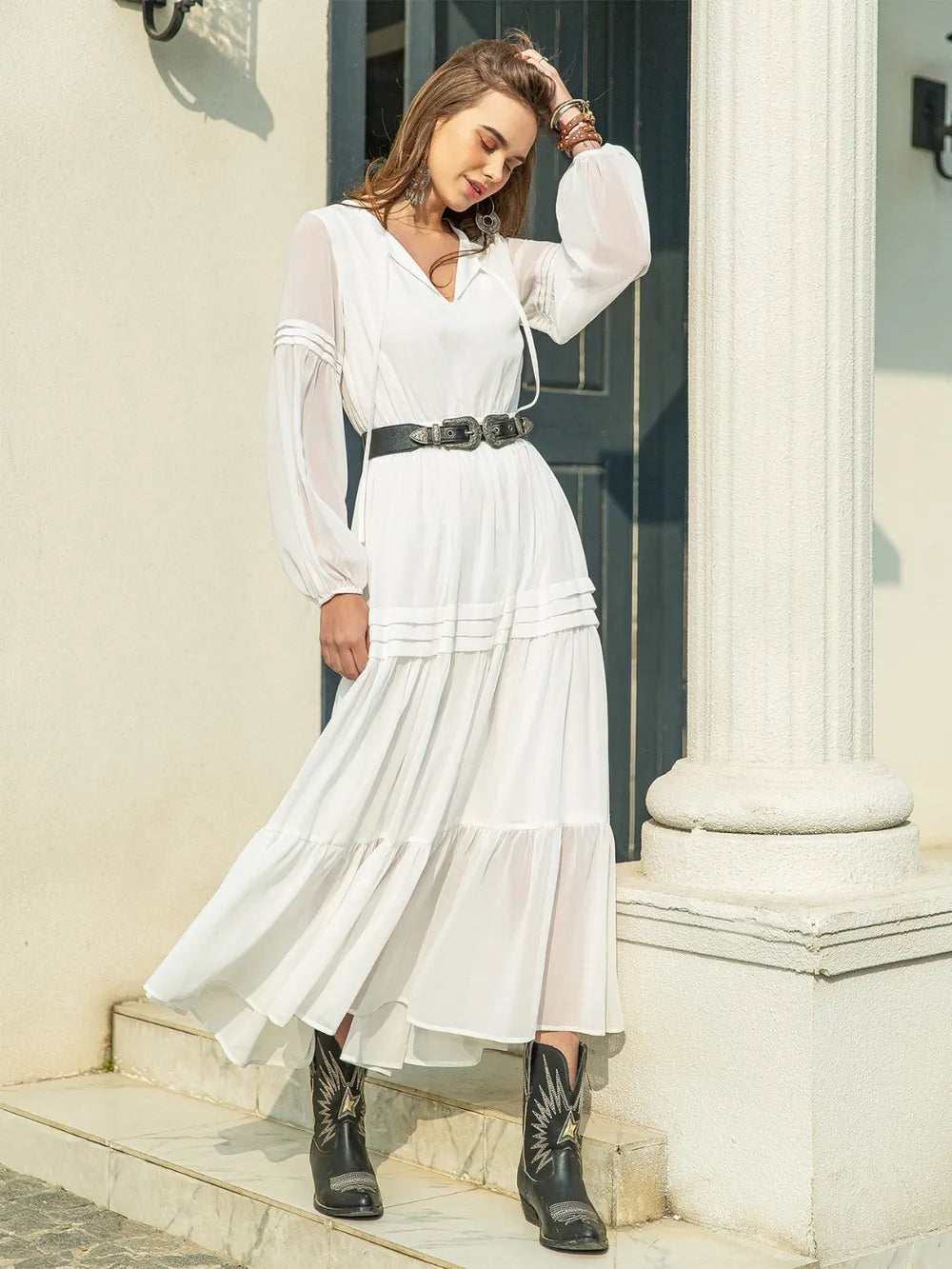 Tie Neck Long Sleeve Midi Tiered Dress